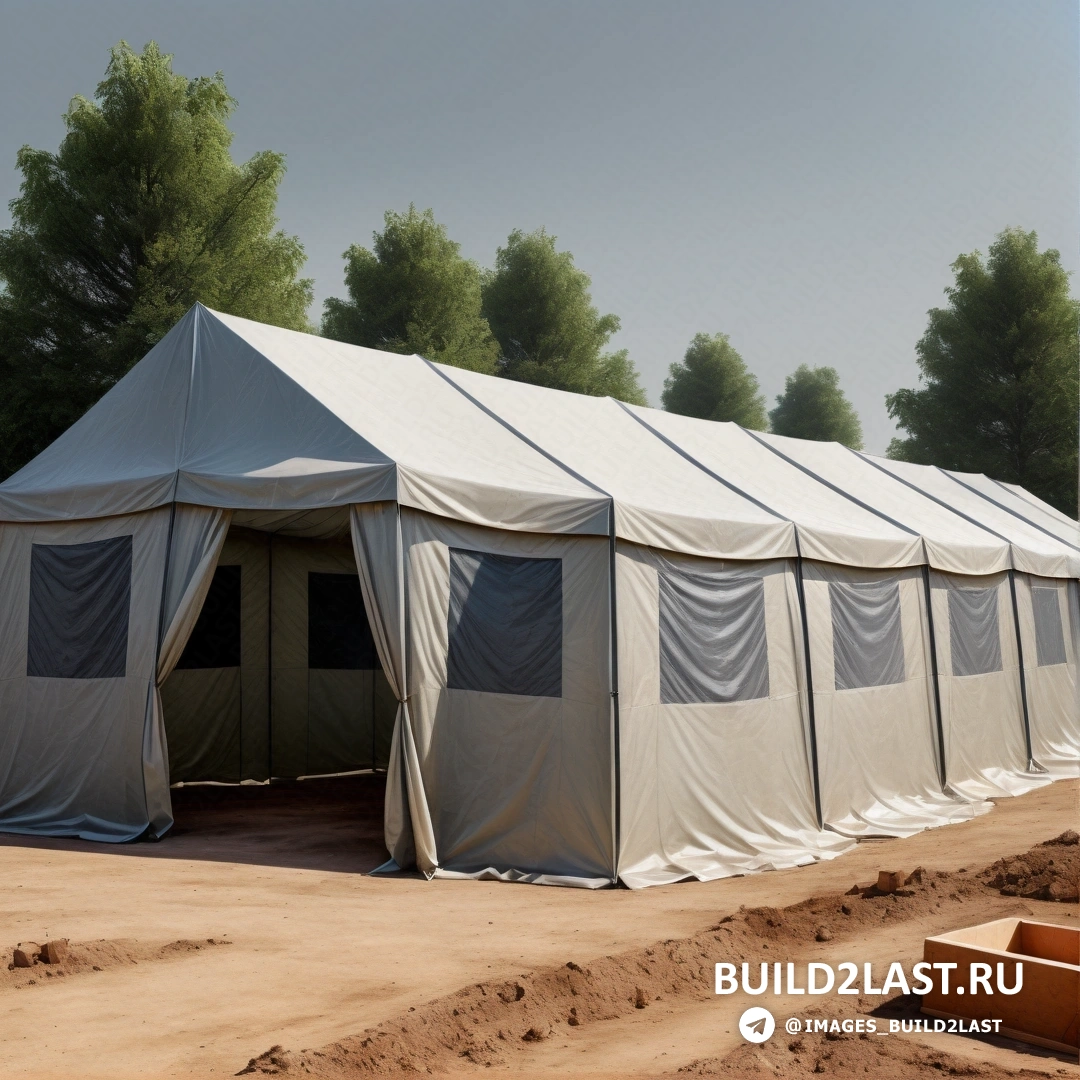 Фотореализм - цифровой рендеринг. Большая палатка с несколькими окнами по бокам.