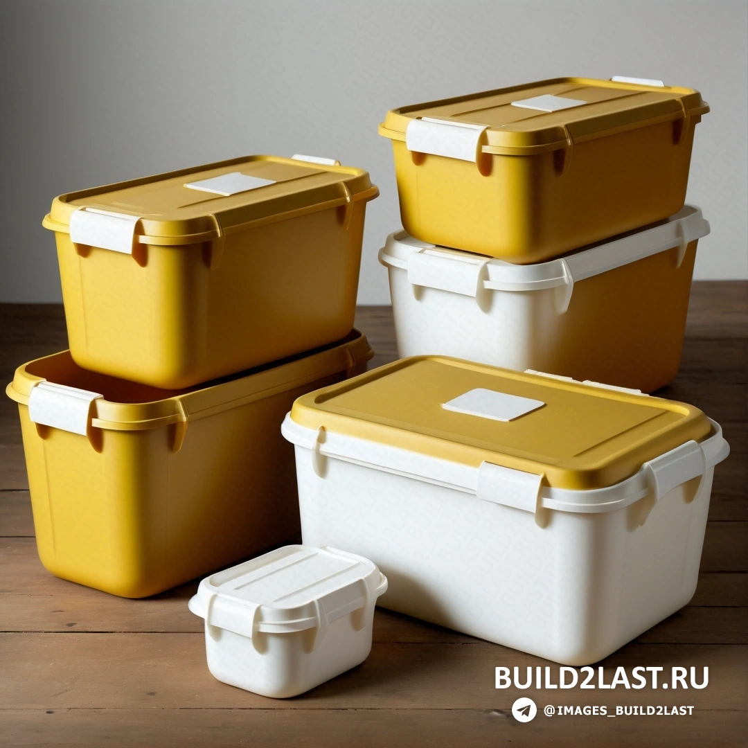 Plasticien - сверхтонкая детальная роспись. Группа из трех желтых и белых холодильников на деревянном столе с белой стеной на заднем плане.