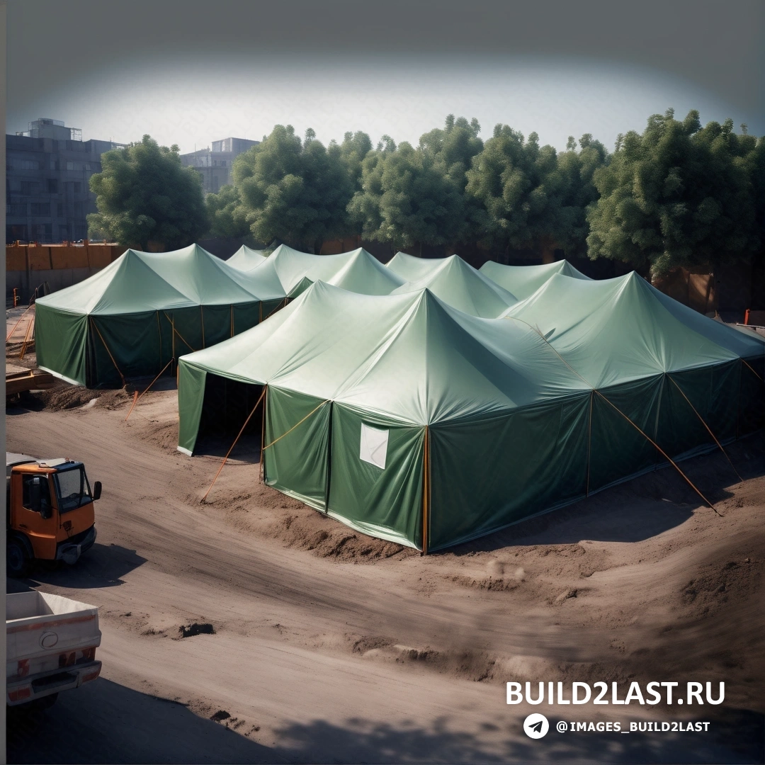Неопластицизм - цифровой рендеринг. Группа палаток на вершине грязного поля рядом с лесом и быком.
