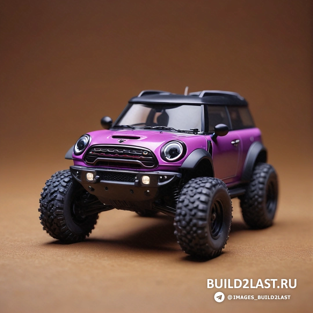 Фотореализм - 3D-рендер. Игрушечная машина с фиолетовым кузовом и черными шинами на коричневом фоне