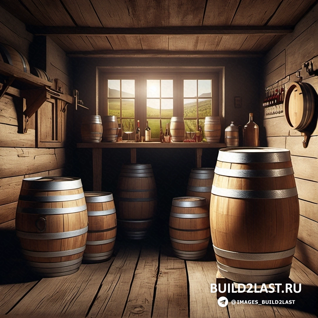 Фотореализм - рендер Ambient occlusion. Комната с несколькими деревянными бочками и окном с видом на поле за ее пределами.