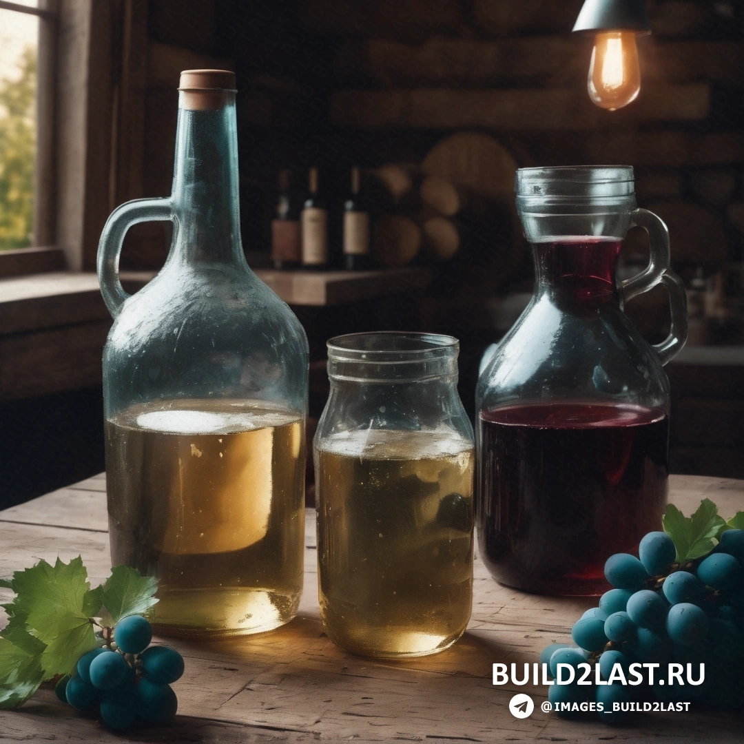 Фотореализм - 3D рендер. Стол с двумя бутылками жидкости и виноградом на нем, а над бутылками висит лампочка.