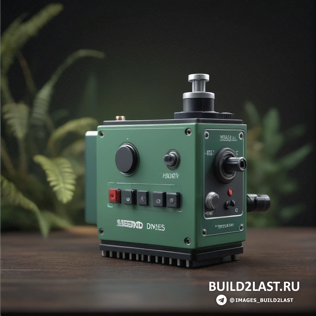 Les automatistes - 3D-рендер. Зеленая камера на деревянном столе рядом с растением на заднем плане