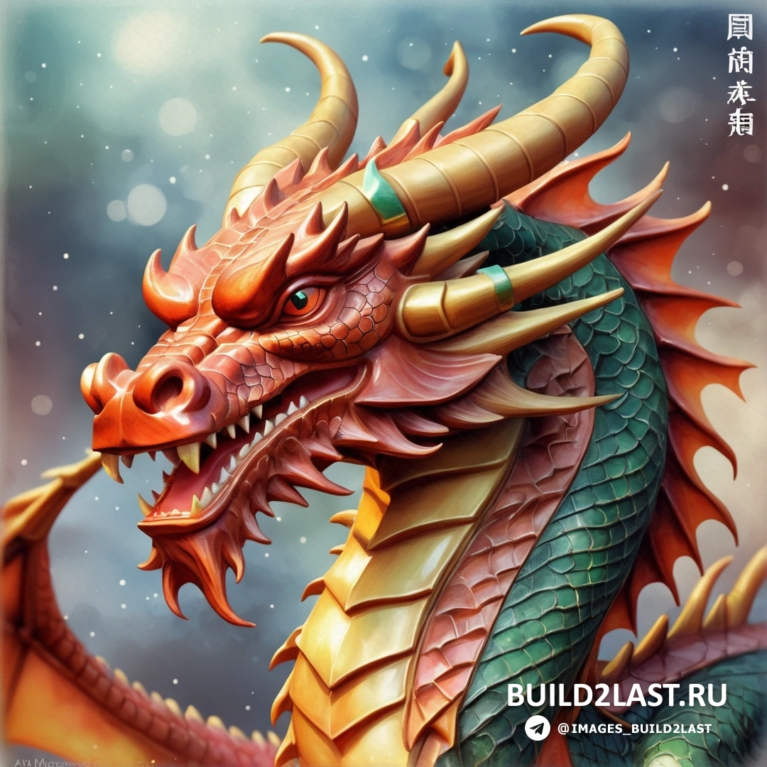 Дракон с рогами и хвостом изображен в стиле живописи с китайскими иероглифами