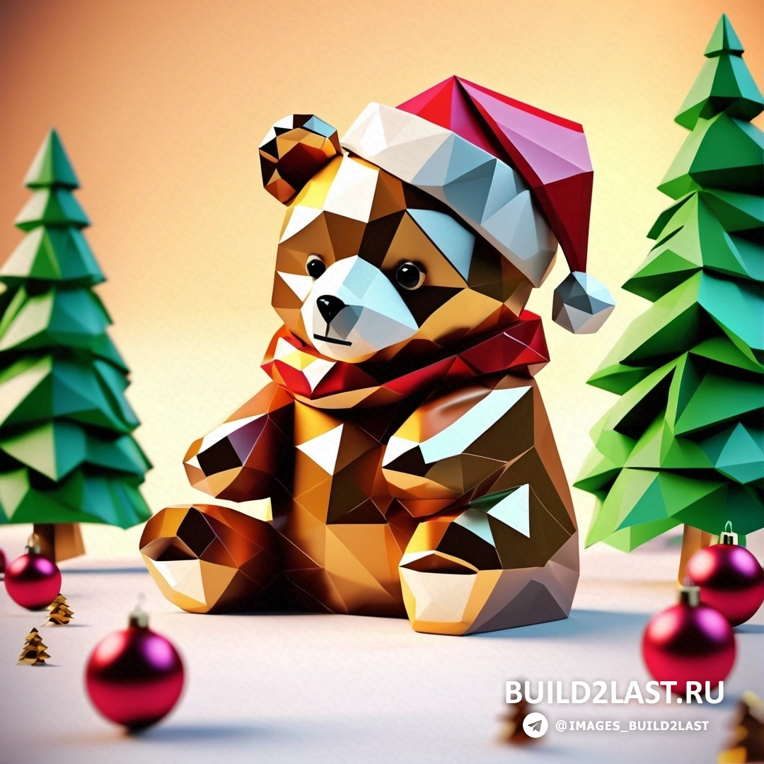 Медведь на снегу рядом с рождественскими елками и украшениями в стиле лоу-поли