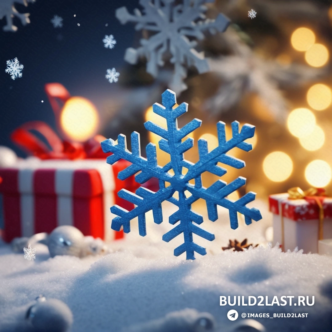 На снегу изображена снежинка с подарками и рождественская елка