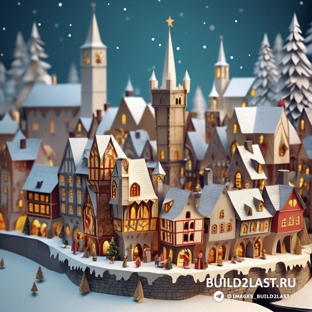 Рождественская деревня с множеством зданий и деревьев в снегу со звездой на вершине здания