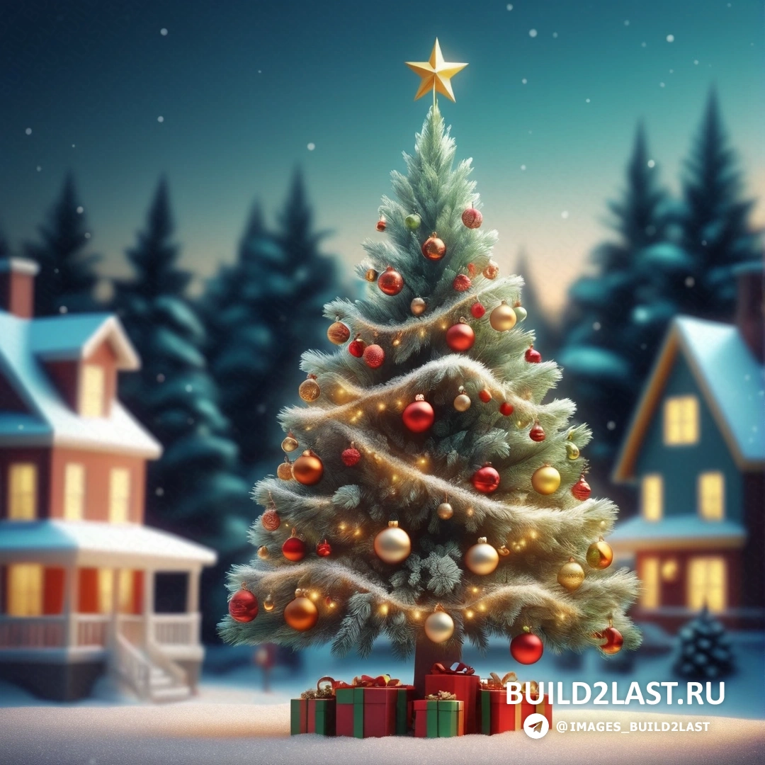 Рождественская елка с подарками в заснеженном пейзаже с домом и деревьями со звездой на вершине