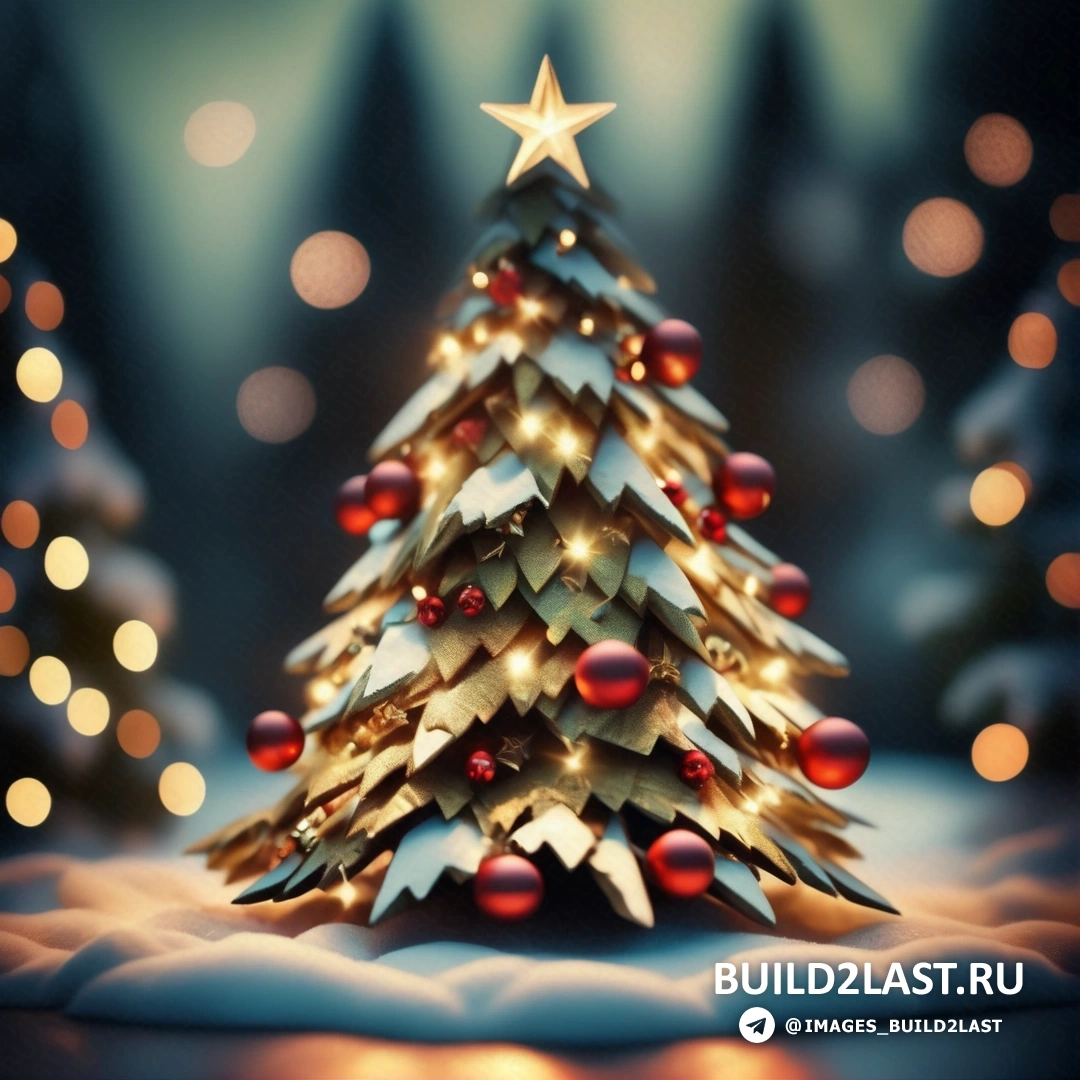 Рождественская елка с огнями и звездой на вершине в снегу с размытым фоном