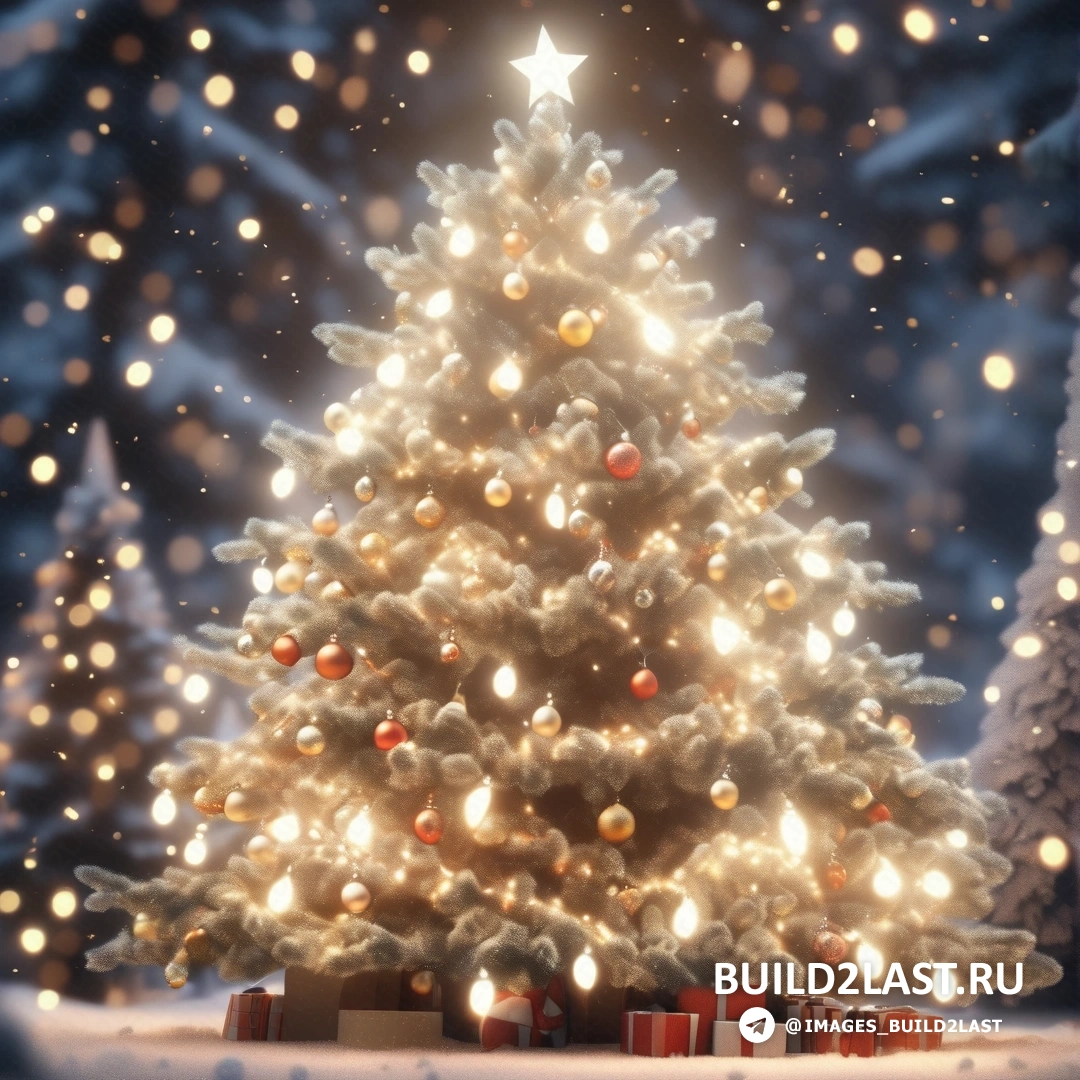 Рождественская елка с подарками в снегу с огнями и звездой на вершине