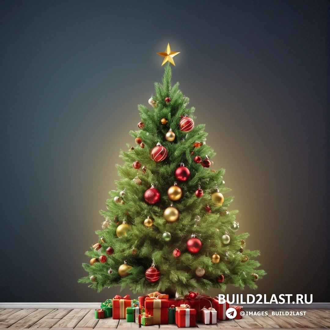 Рождественская елка с подарками на деревянном полу со звездой и сером фоне