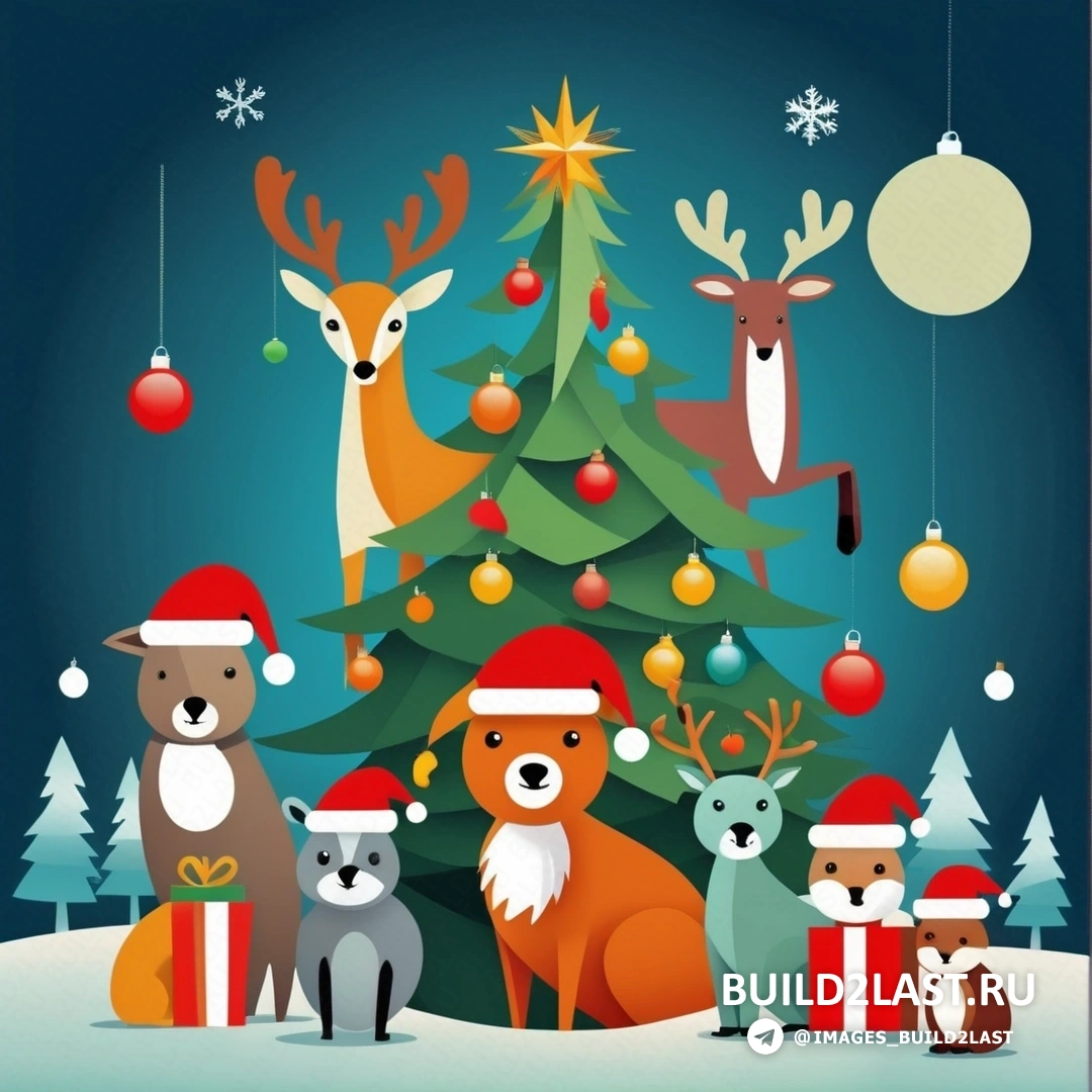 Рождественская елка с оленями и другими животными с подарками и звездой наверху