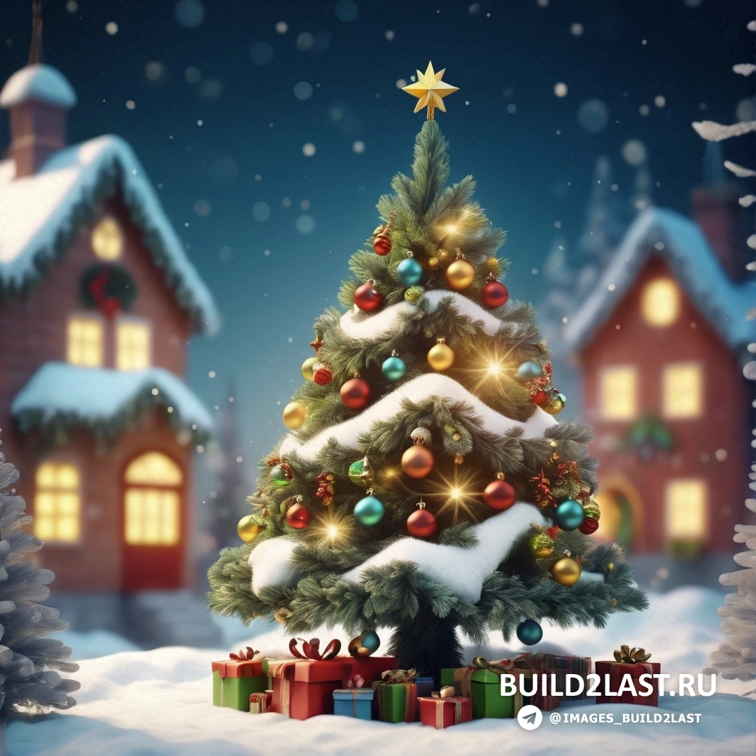 Рождественская елка с подарками в снегу с домом и звездой наверху