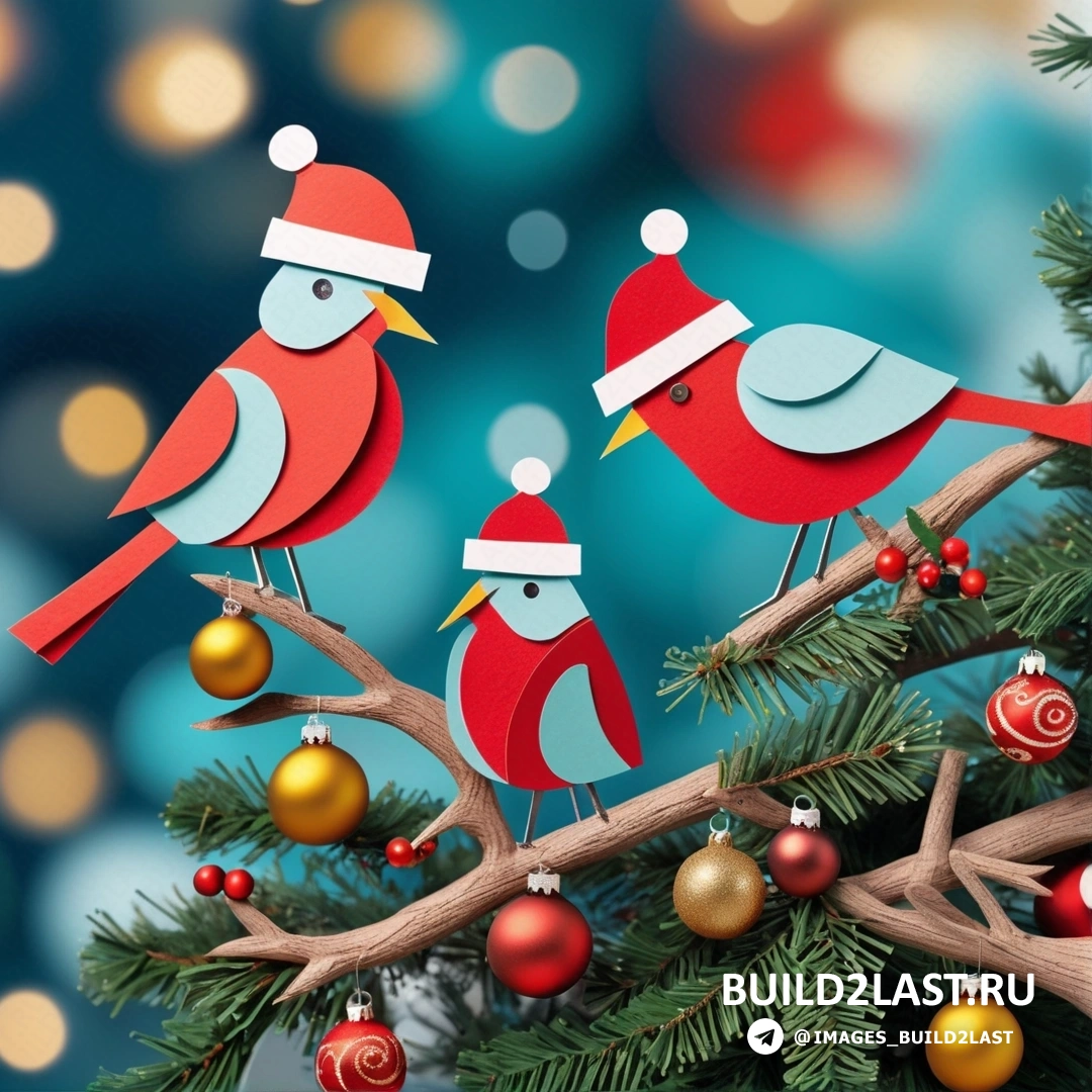 Рождественская елка с тремя птицами и украшениями