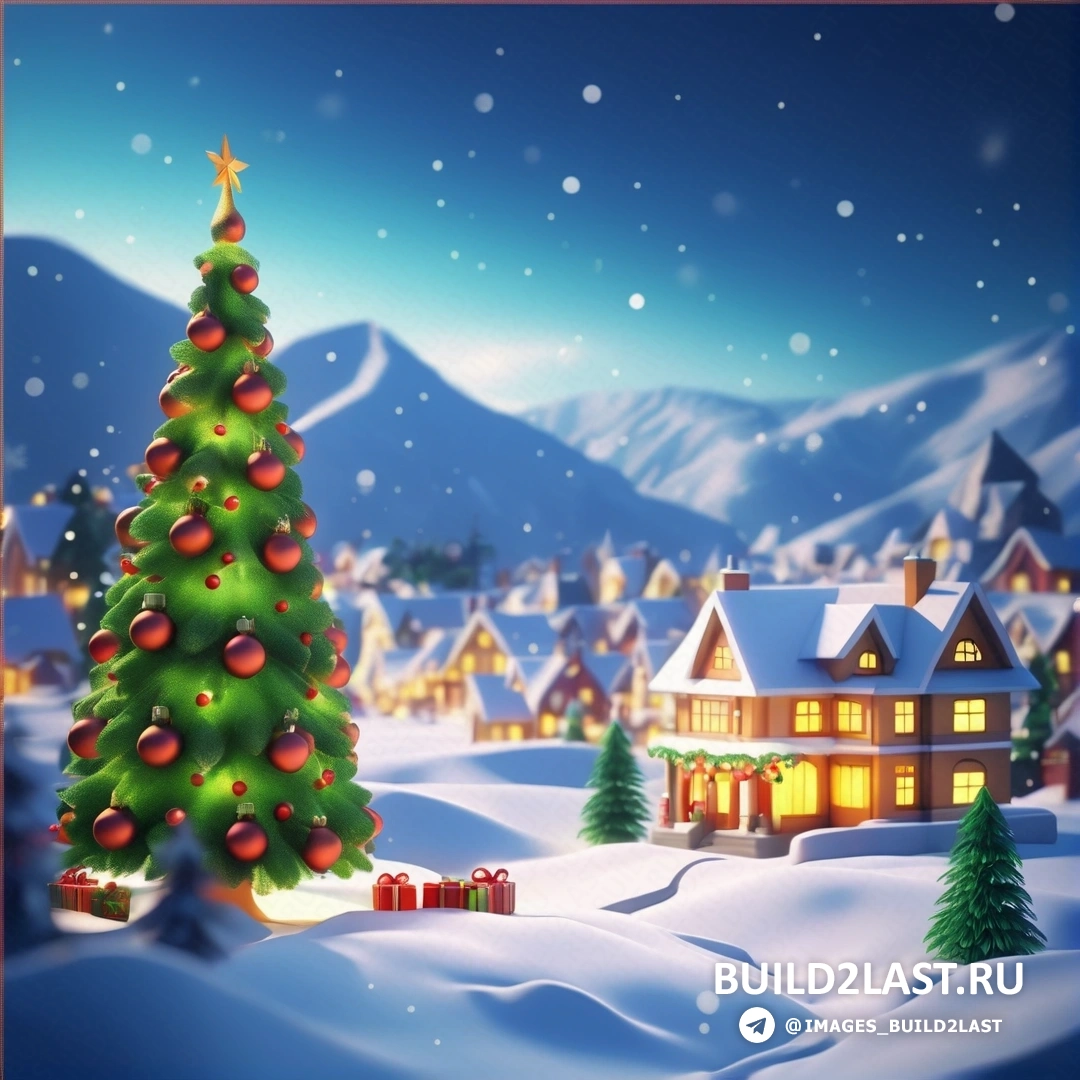 Рождественская елка в заснеженной деревне с освещенным домом и освещенной рождественской елкой