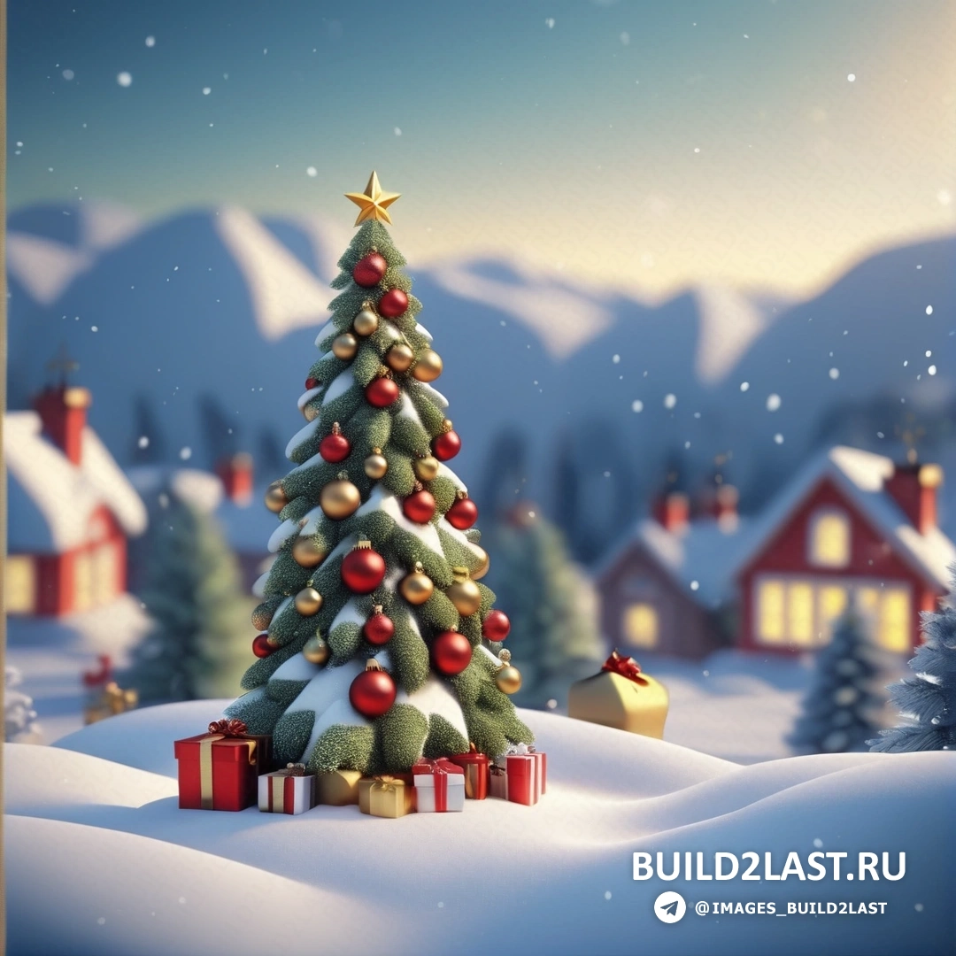 Рождественская елка с подарками в снегу на фоне горы и дом со звездой на вершине