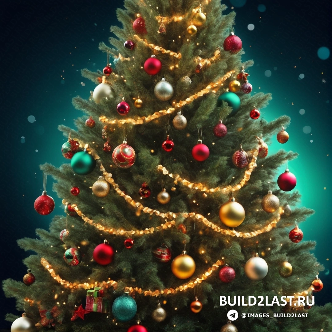 Рождественская елка с множеством украшений на ветвях