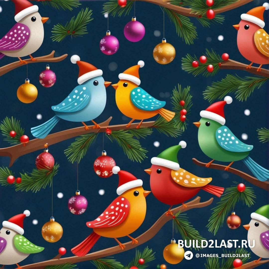 Рождественская елка с птицами и украшениями на ветвях и синий фон со снежинками