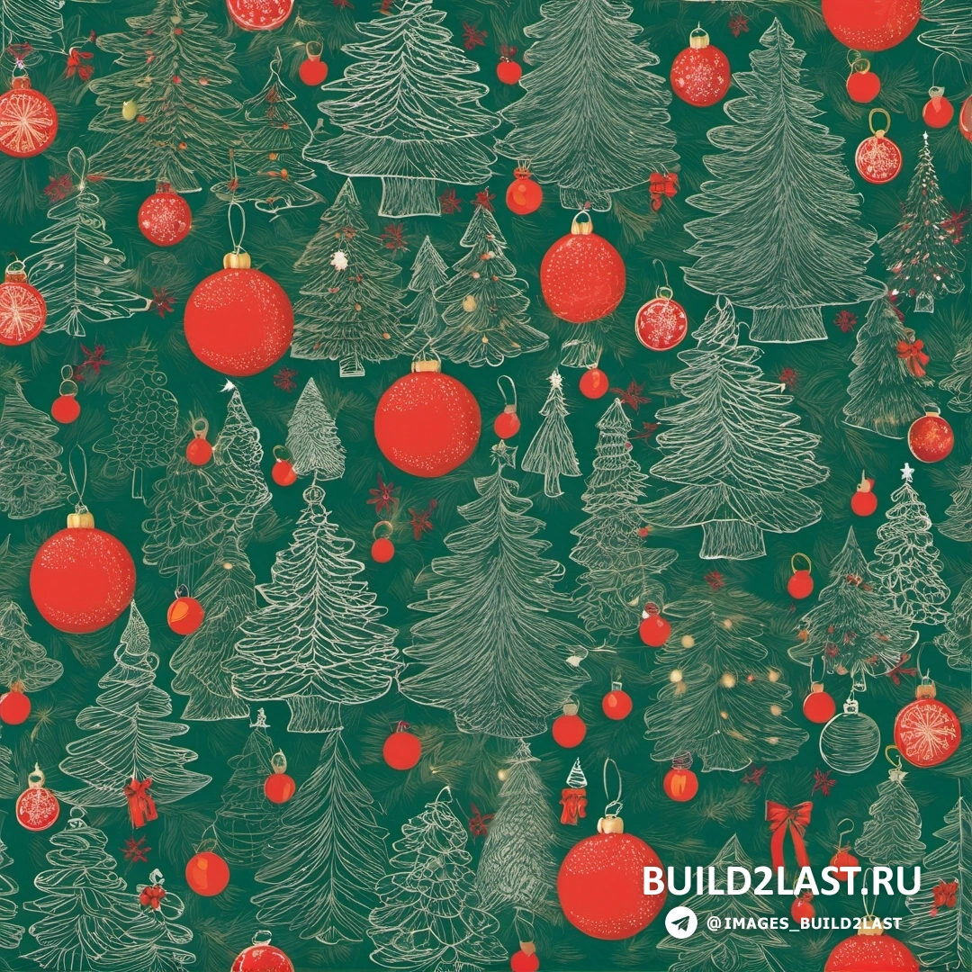 Рождественская елка с красным орнаментом и зеленые деревья с красными шарами и бантами и зеленый фон