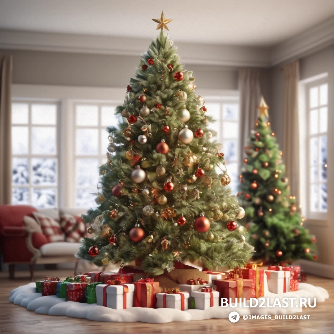 Рождественская елка с подарками в гостиной с окном и диваном
