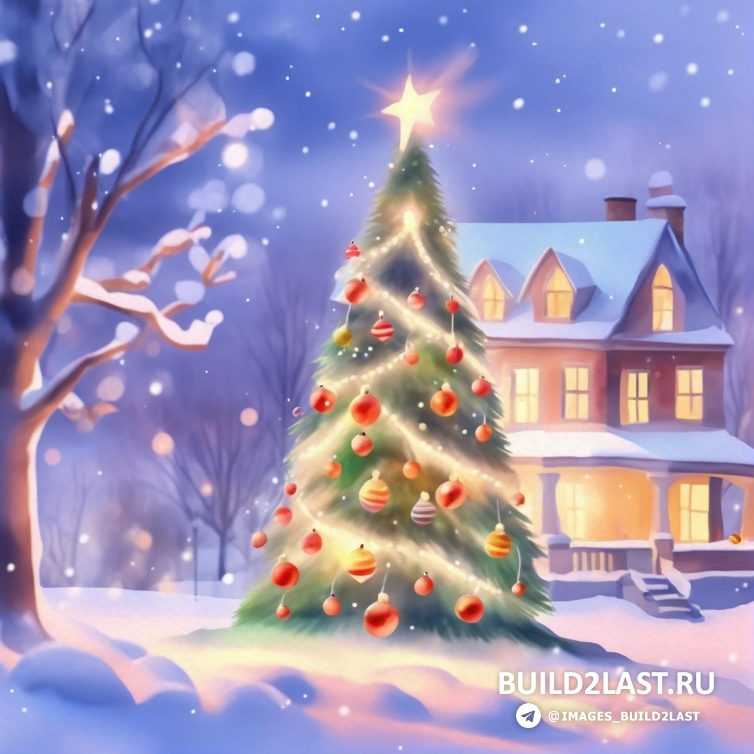 Рождественская елка перед домом со звездой на вершине в снегу с заснеженным двором