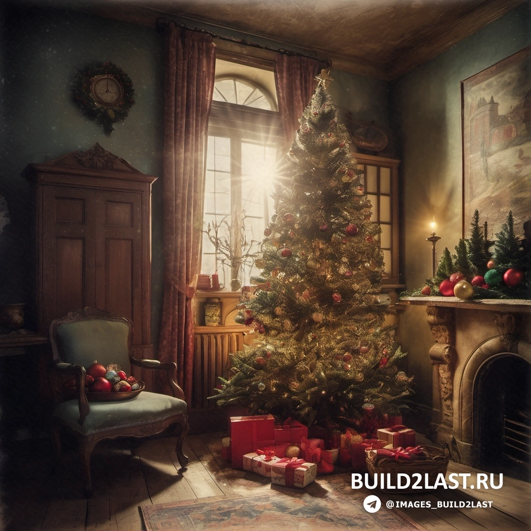 Рождественская елка в комнате с камином и стулом перед ней с подарками на полу