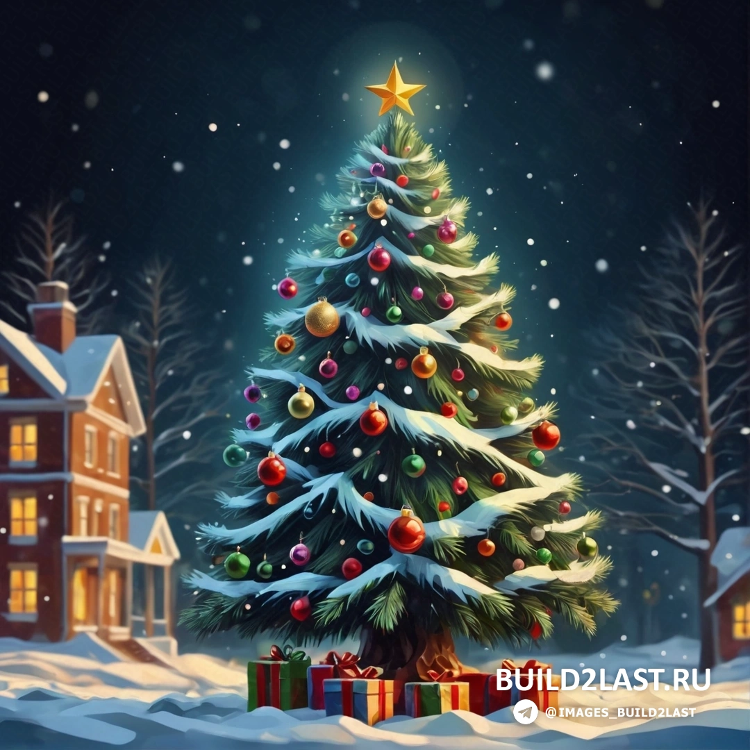 Рождественская елка с подарками под заснеженным небом с домом и звездой наверху