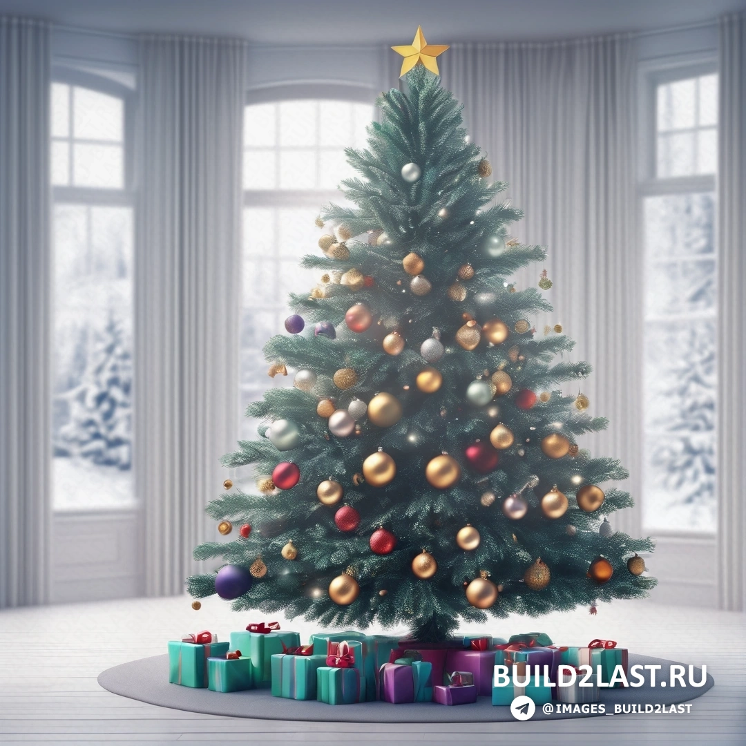 Рождественская елка с подарками под ней в комнате с окнами и звездой на вершине