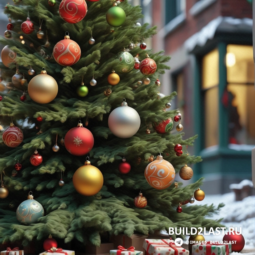 Рождественская елка с подарками в снегу возле здания с рождественской елкой 