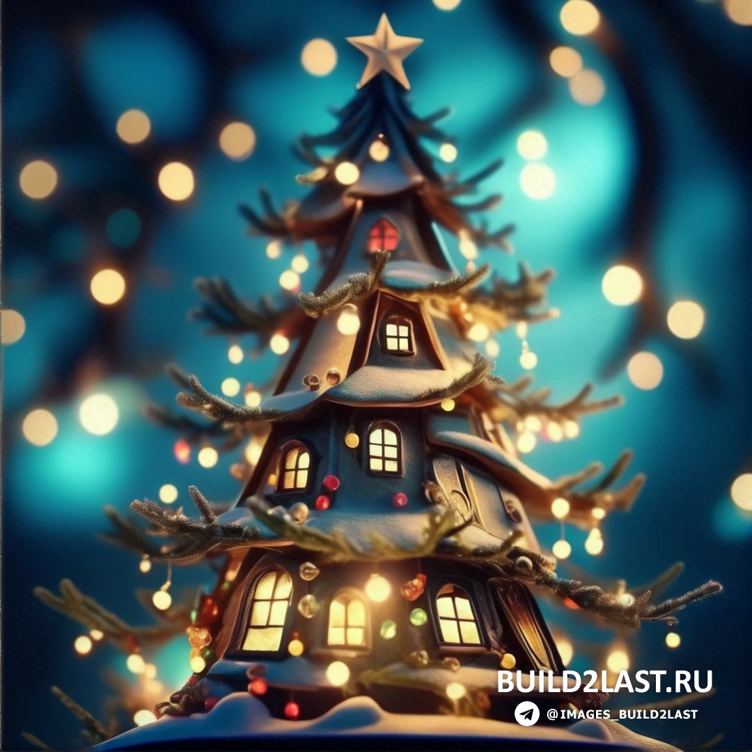 Рождественская елка с огнями и синим фоном