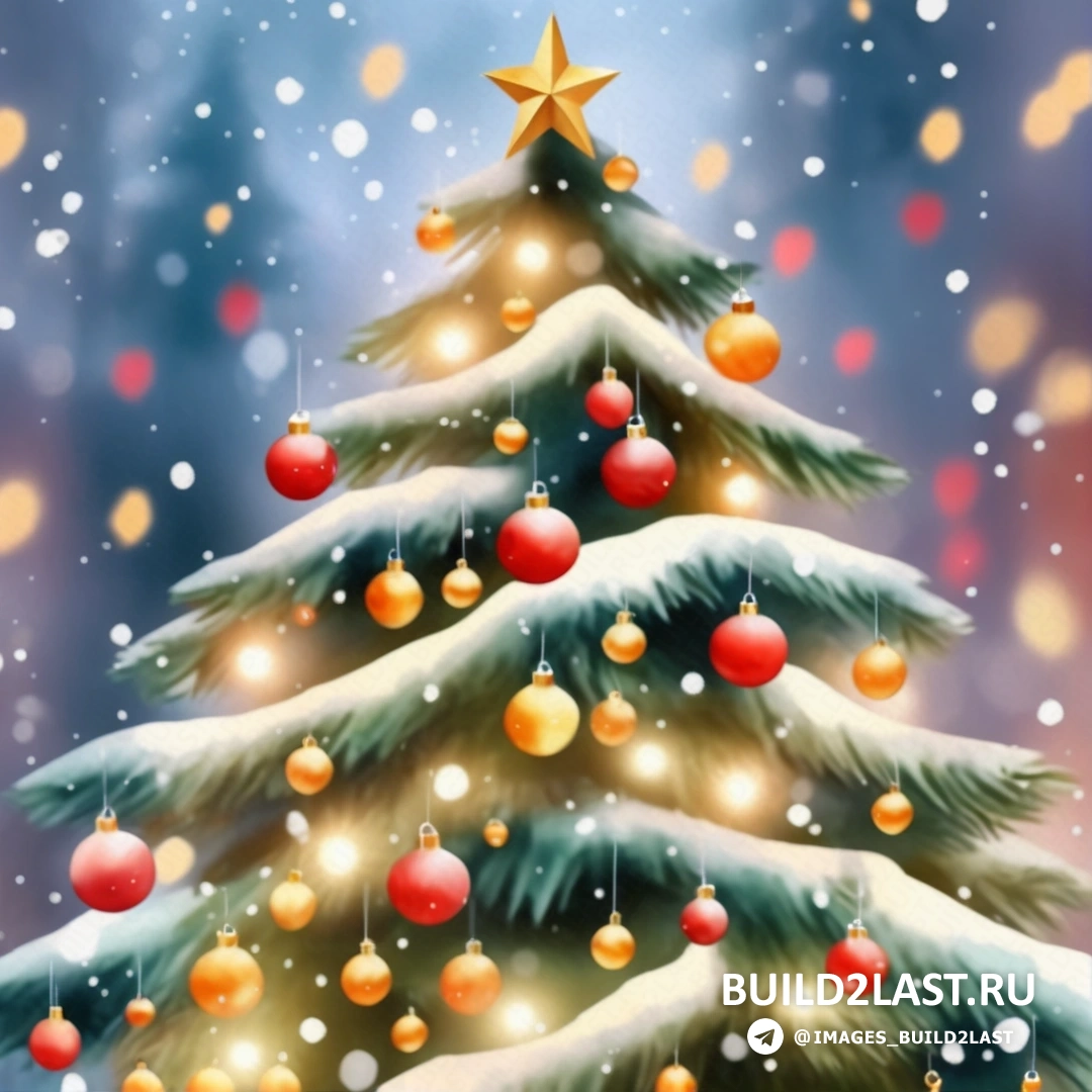 Рождественская елка с украшениями и огнями на снегу со звездой на вершине и фоном голубого неба