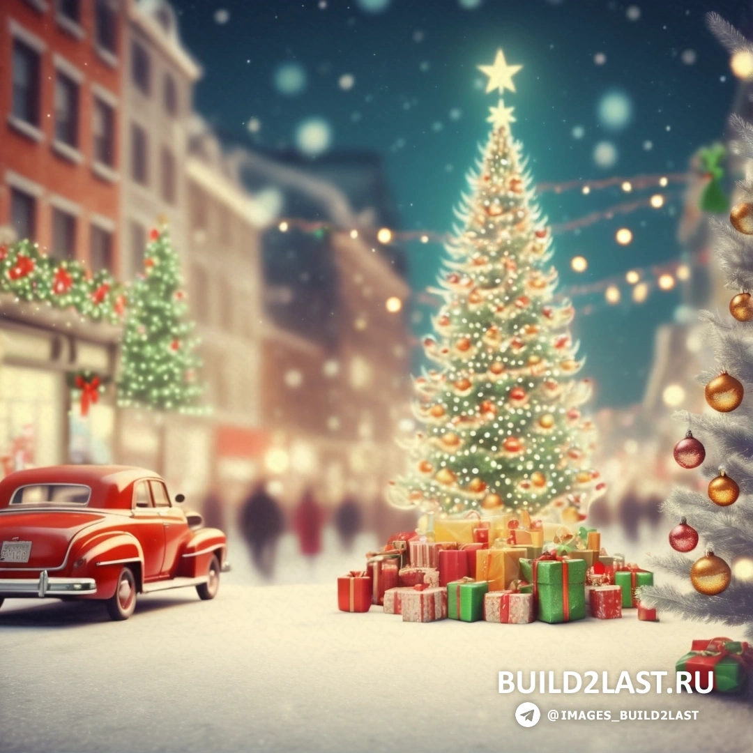 Рождественская елка и красный грузовик на заснеженной городской улице с елкой и подарками на земле
