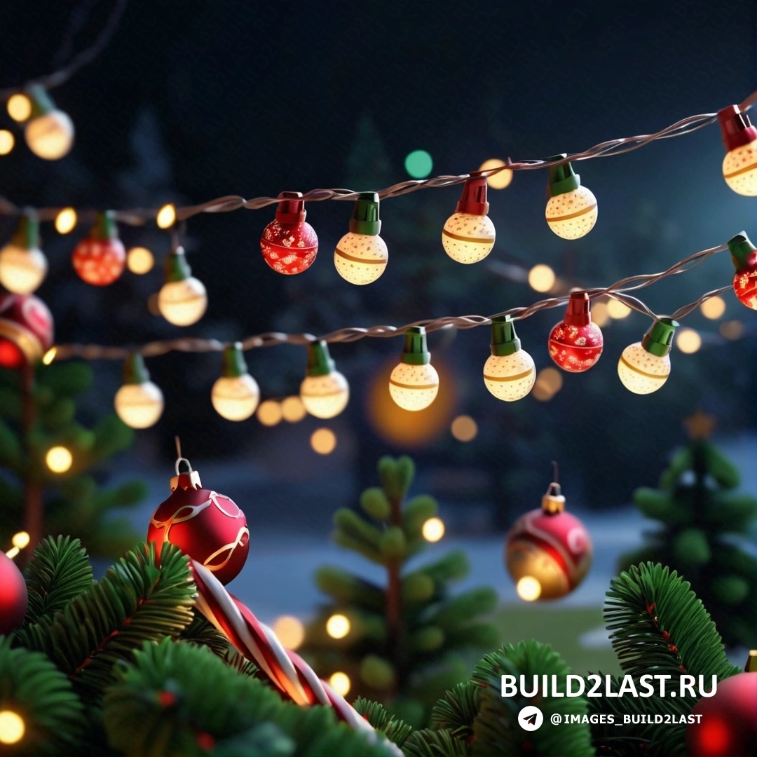 Рождественская елка с огнями и украшениями на ветвях и гирляндой огней