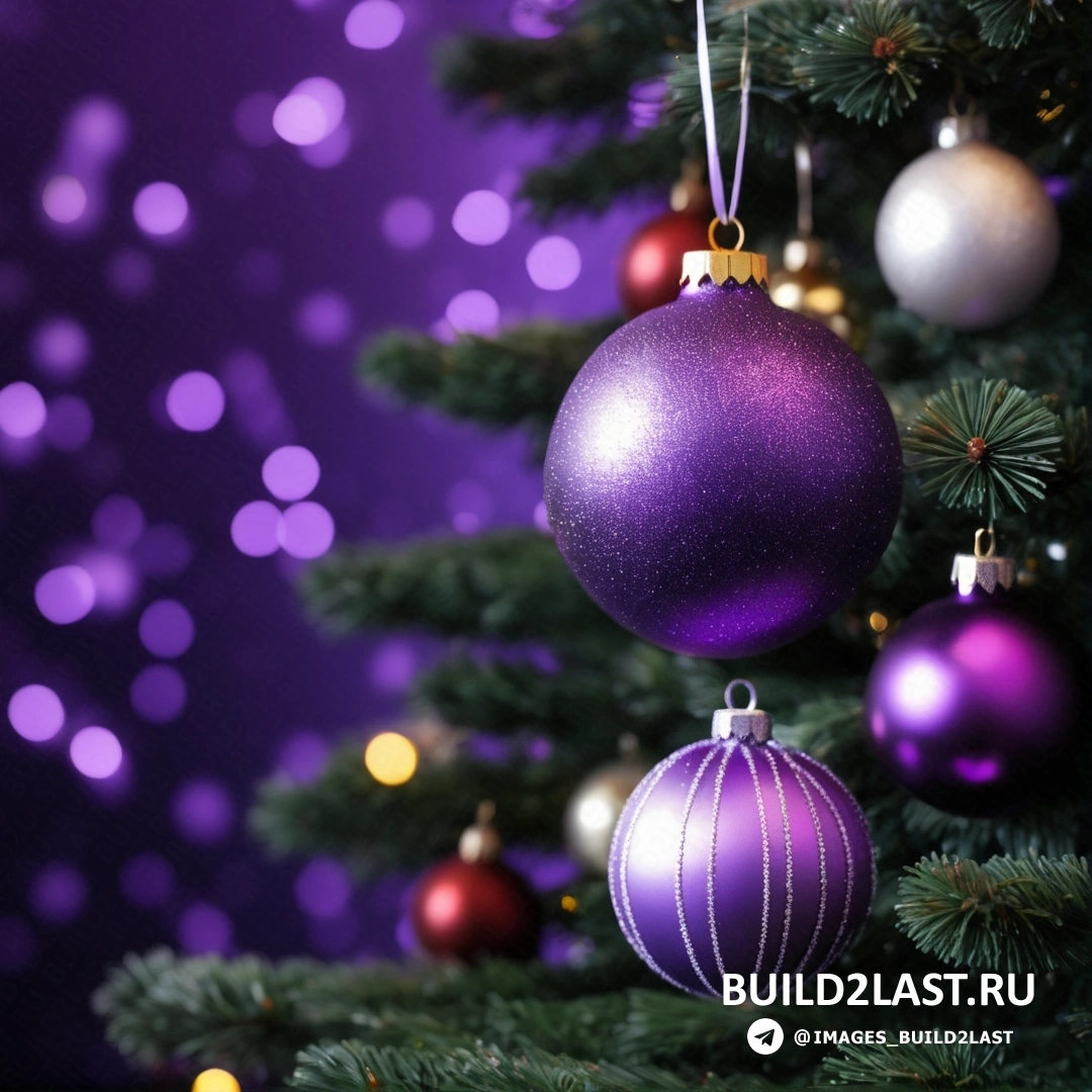 Рождественская елка с фиолетовыми и серебряными украшениями на ветвях и фиолетовым фоном с огнями и снегом