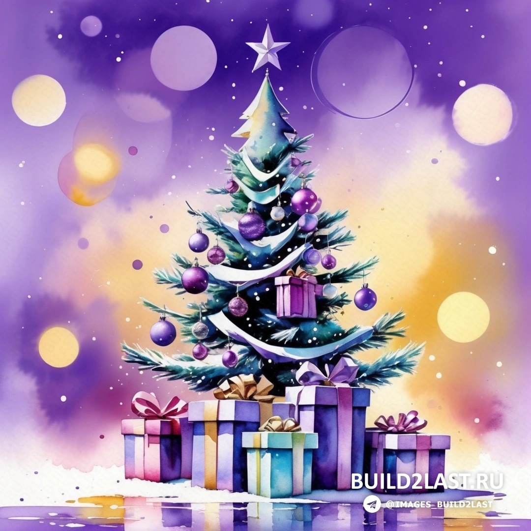 Рождественская елка с подарками под фиолетовым небом со звездами и снегом