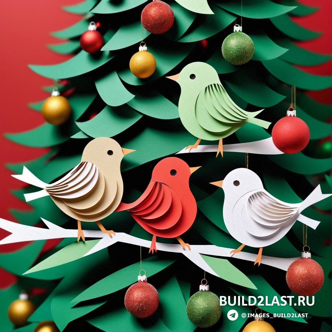 Рождественская елка с птицами и украшениями