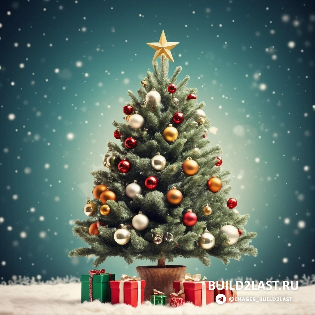 Рождественская елка с подарками в снегу со звездой на вершине и синим фоном