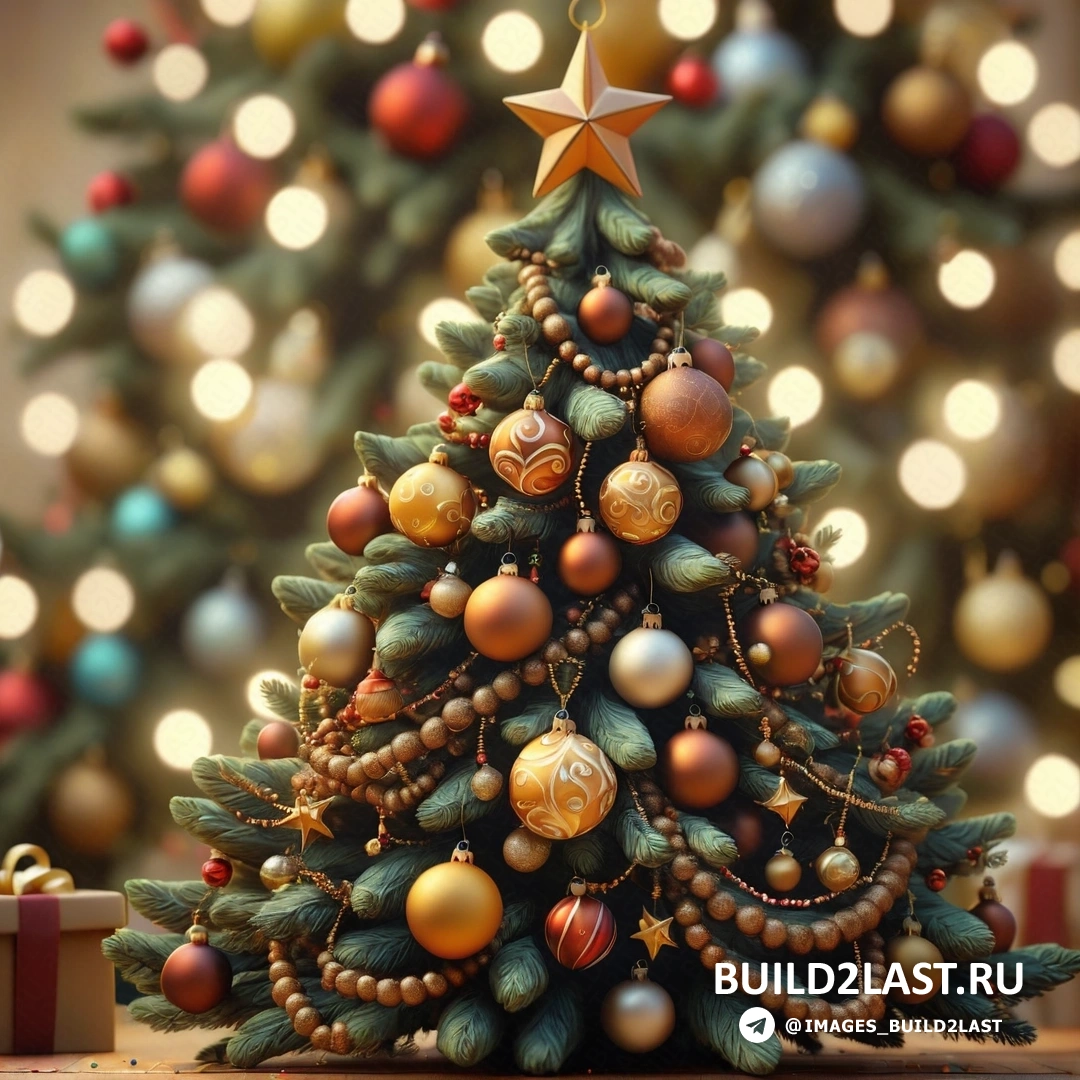 Рождественская елка с украшениями и звездой на верхушке