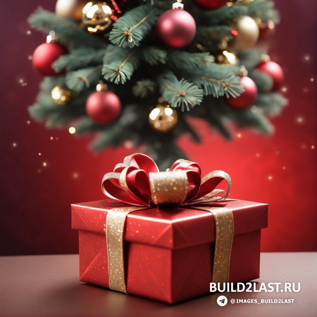 Рождественская елка с красной подарочной коробкой с золотым орнаментом