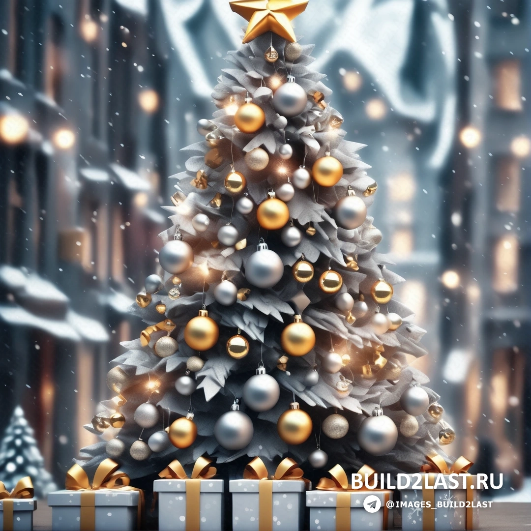 Рождественская елка с подарками в заснеженной городской сцене с огнями и снегом