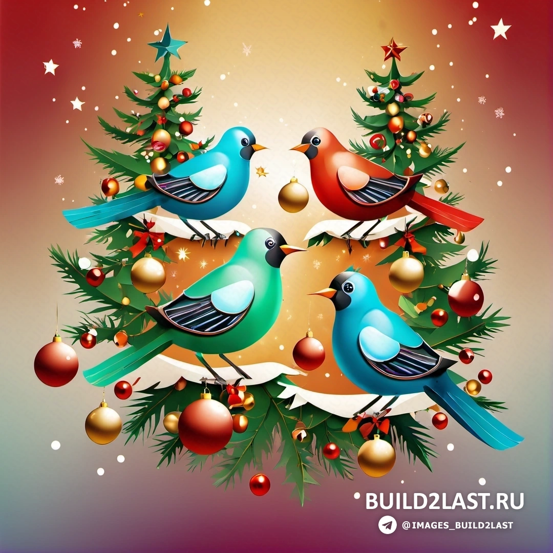 Рождественская елка с тремя птицами и украшениями 