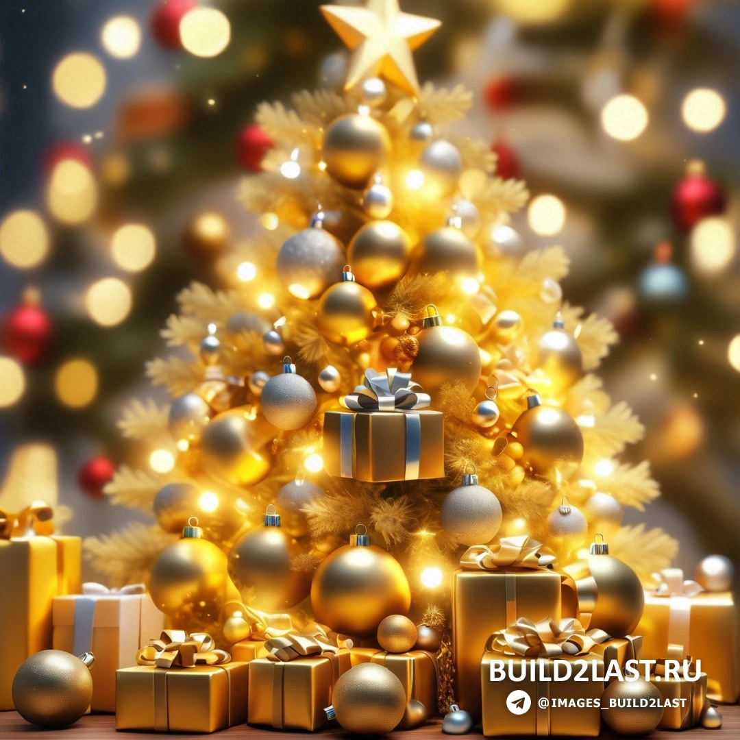 Рождественская елка с подарками и звездой на вершине с огнями и размытым фоном