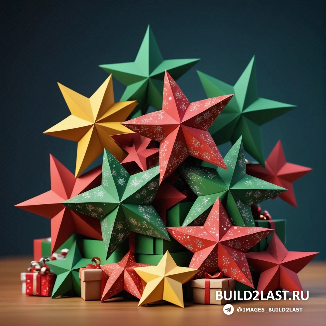 Рождественская елка из сложенных бумажных звезд и подарков на столе с темным фоном и зеленой стеной
