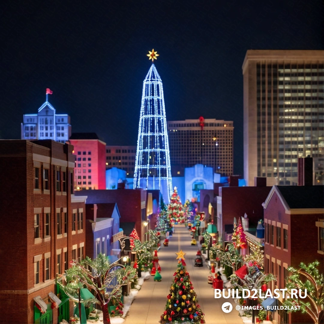 Рождественская елка освещена в ночном городе со зданиями и освещенной рождественской елкой