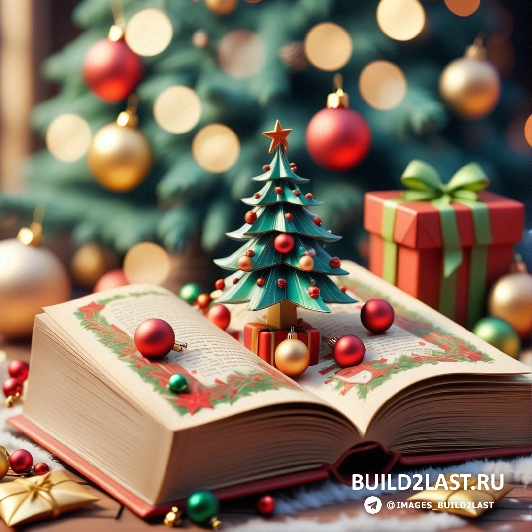 Рождественская елка помещена поверх раскрытой книги