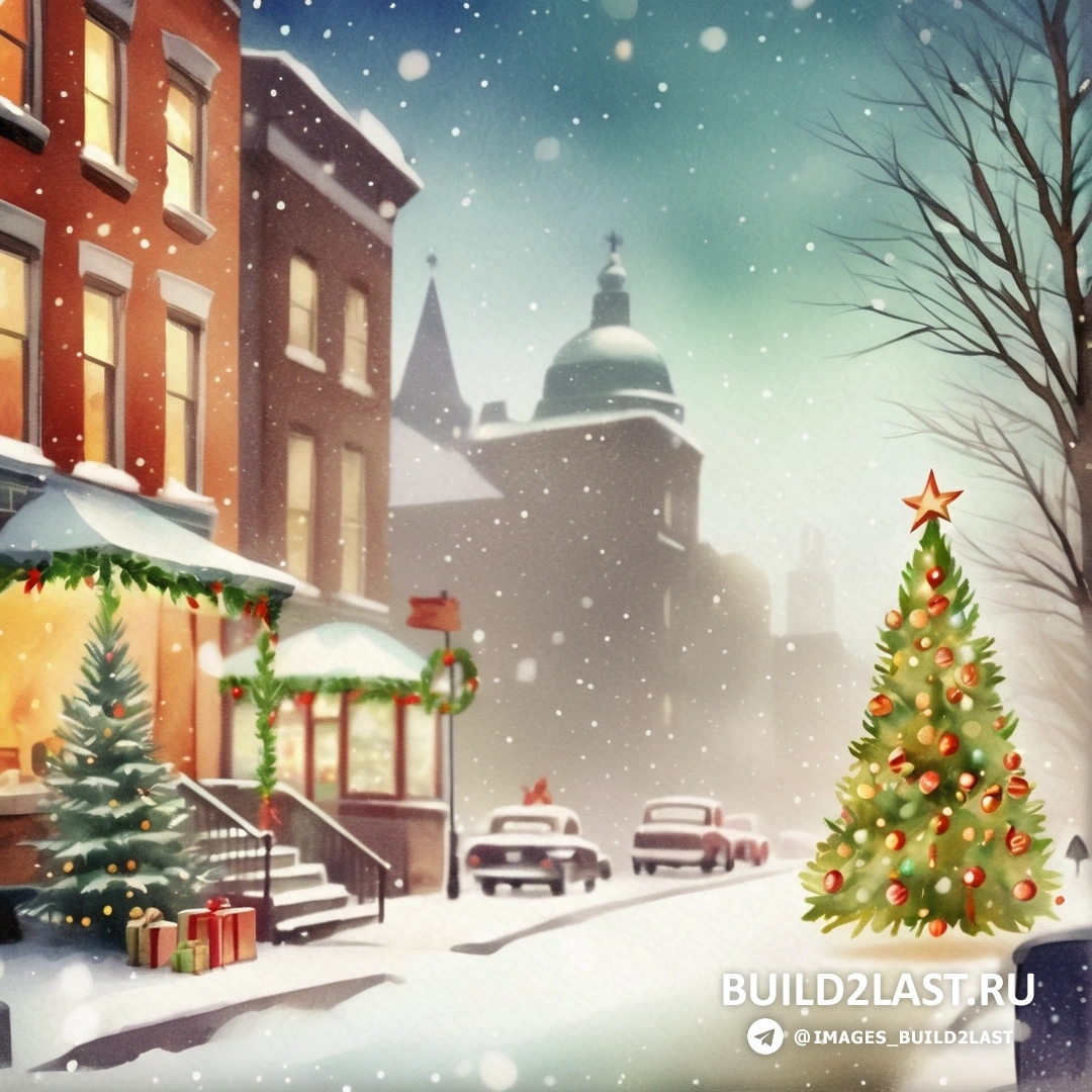 Рождественская елка посреди заснеженной улицы со зданием и освещенной елкой
