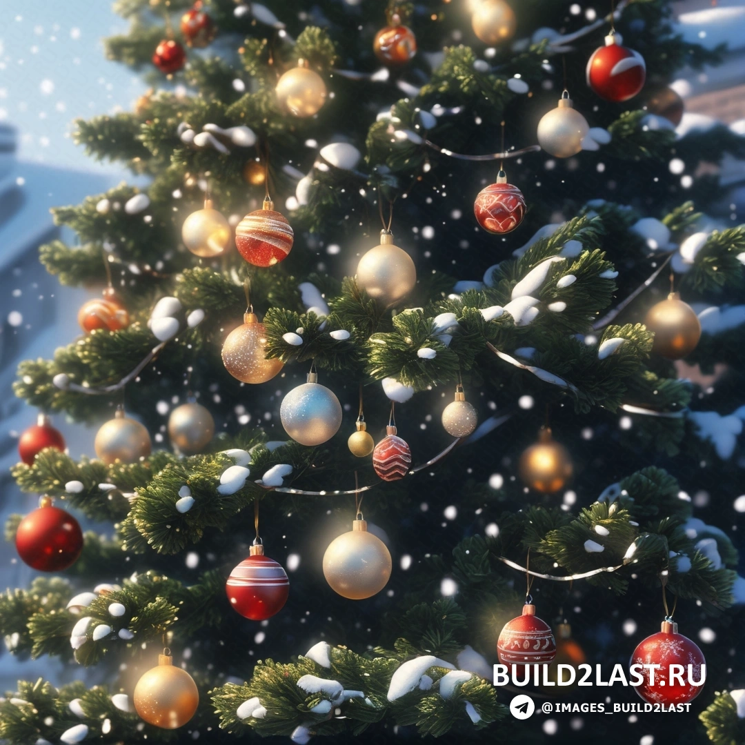 Рождественская елка со множеством украшений на снегу со зданием и голубым небом