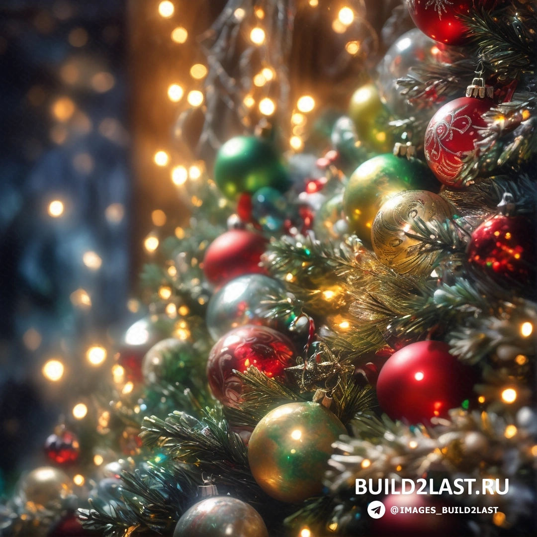 Рождественская елка со множеством украшений и огоньками на ветвях и окно за ней с отражением здания
