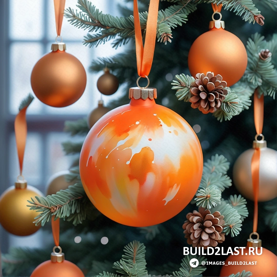 Рождественская елка со свисающими с ветвей украшениями и окно с подоконником