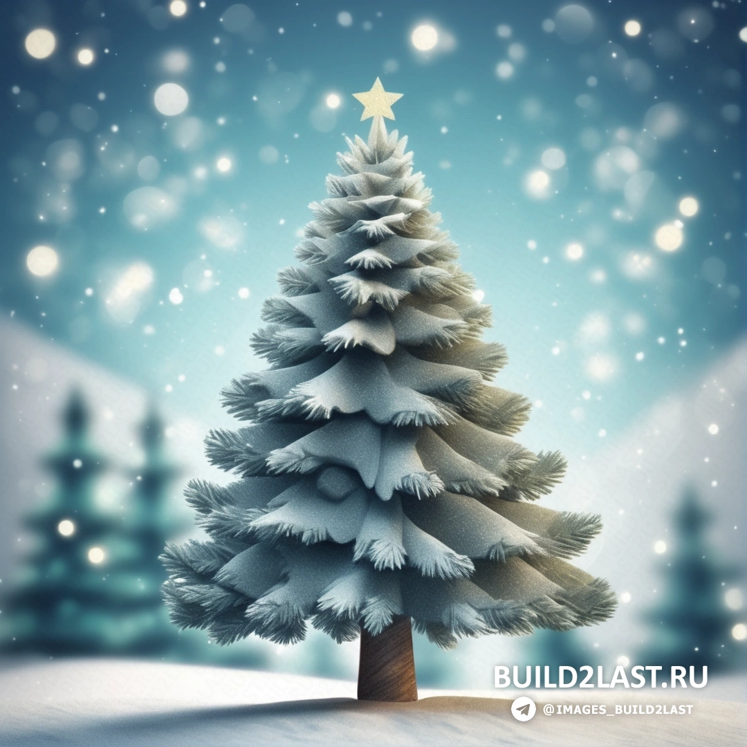 Рождественская елка со звездой на вершине в снегу на фоне голубого неба со хлопьями снега